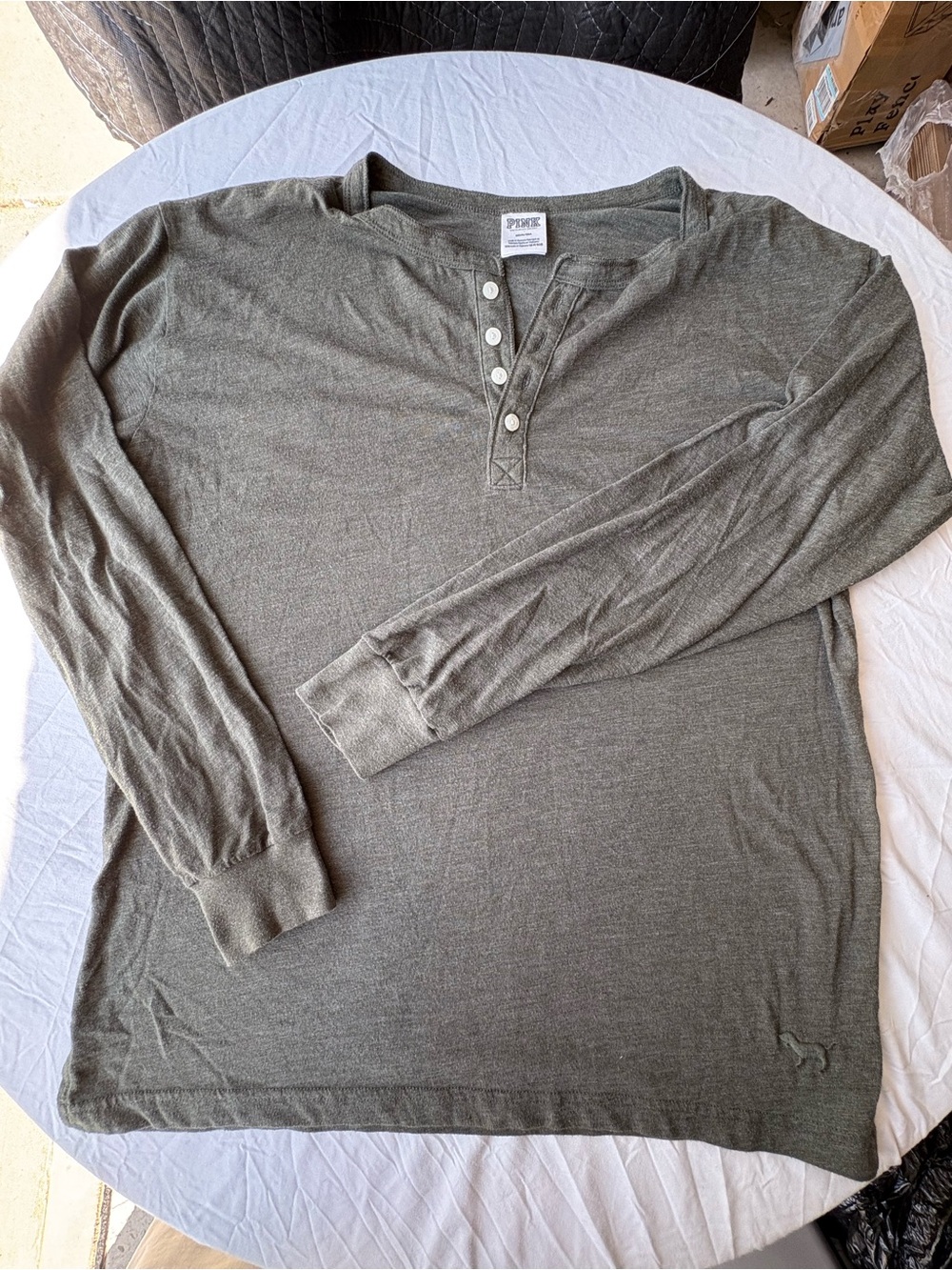 Victoria’s Secret PINK Gray Henley Long Sleeve Shirt Medium Back Logo